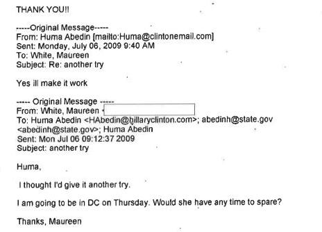 E-postveksling mellom Maureen White og Huma Abedin. Leses nedenfra.