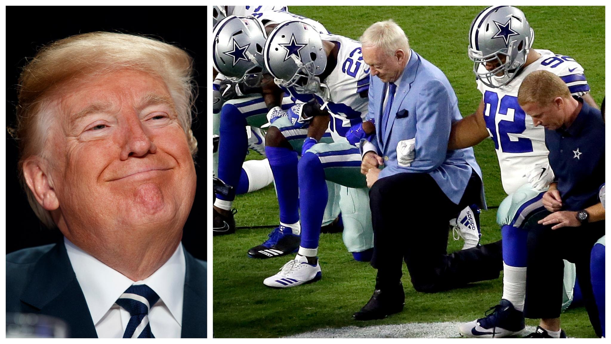 Til høyre kneler The Dallas Cowboys og eier Jerry Jones under en NFL-kamp i september. Nå blir protesten forbudt, noe Donald Trump tidligere har tatt til orde for.