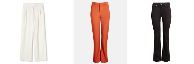 Foto: Produsentene **Hvit culotte fra Weekday: 777 kr, Orange bukse med flare fra Bik Bok: 399 kr, Jeans med sleng fra H&m: 249 kr. Foto: Produsentene**
