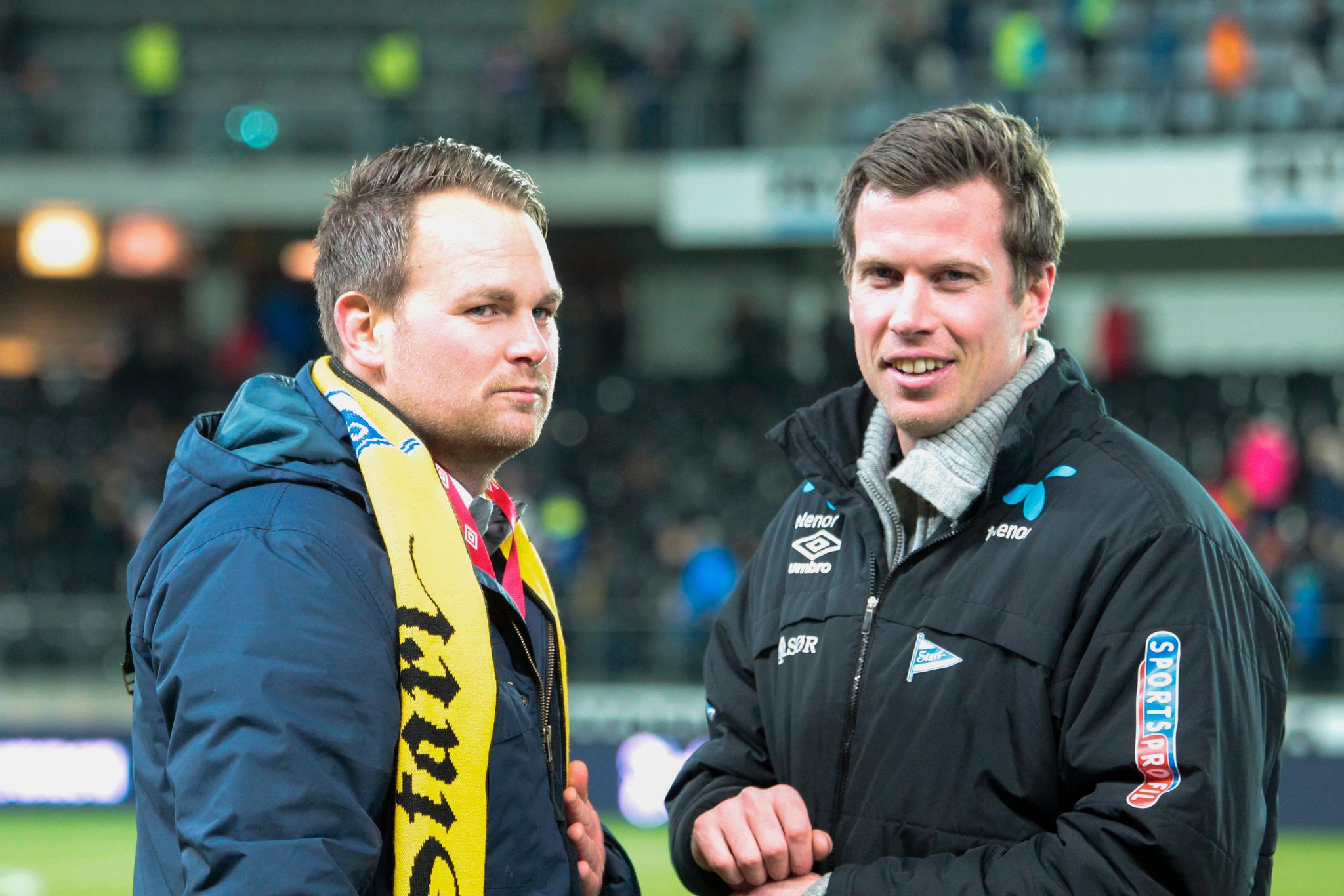  Even Brandsdal og Jesper Mathisen sammen etter at Start hadde sikret plassen i Eliteserien i 2015. De amerikanske investorene Start skal i forhandlinger med, skal ønske med seg Mathisen i en rolle i klubben. 