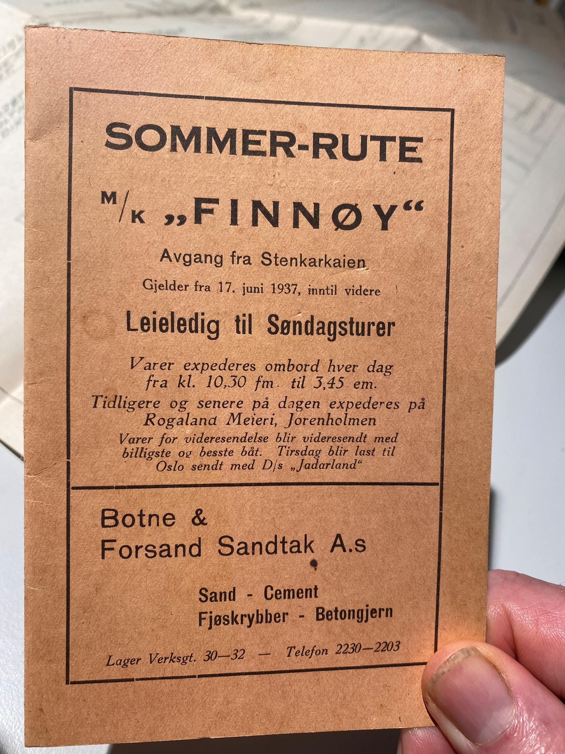 Ruteheftet til M/K Finnøy.