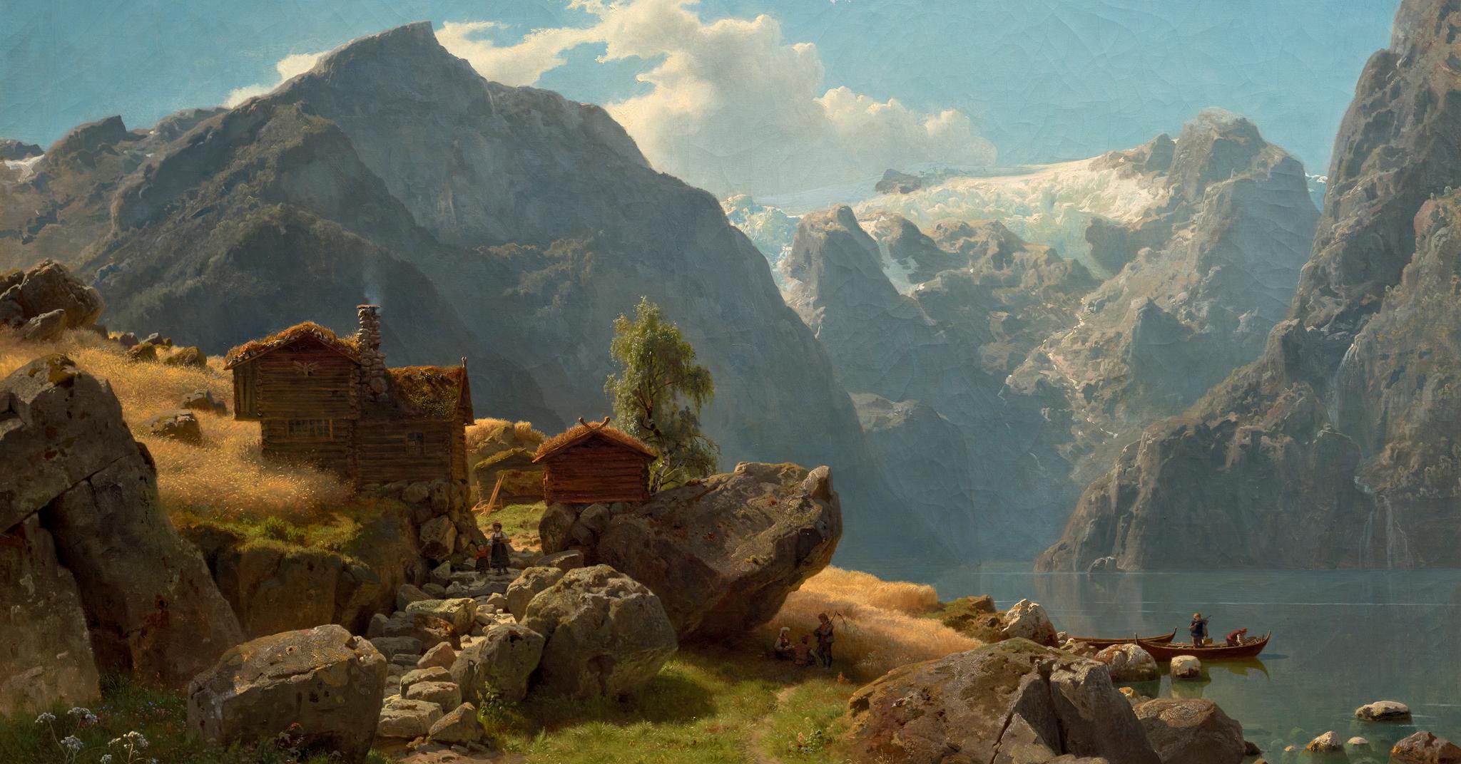 «Norwegische Landschaft» malt av Hans Fredrik Gude (1825–1903) er på auksjon hos Blomqvist. Det måler 102x127 cm, pluss ramme.