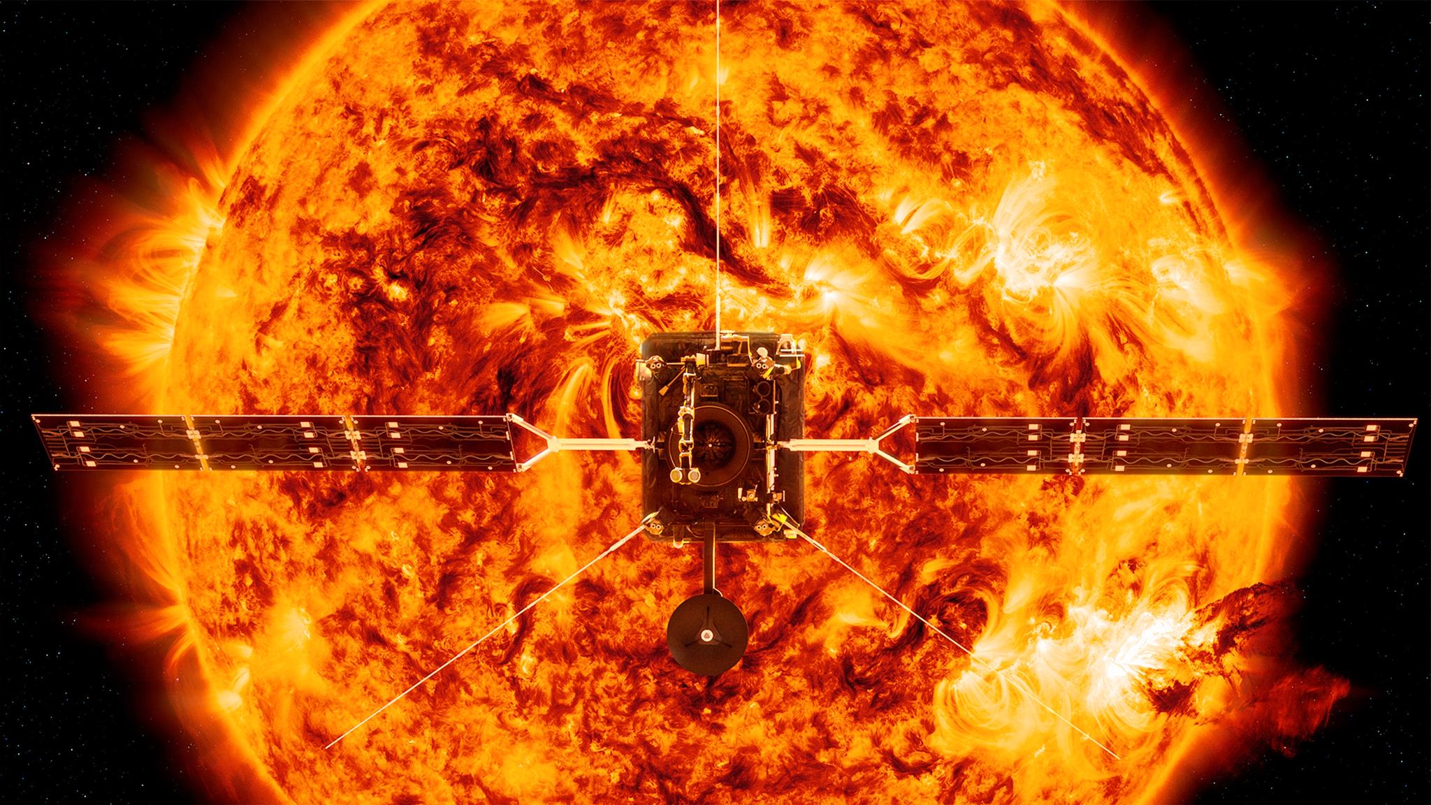 Solar Orbiter er sendt opp i rommet for å ta bilder som er mer detaljerte enn noen gang før, og for å utforske deler av solen vi ikke kjenner godt til. Dette er en illustrasjon av romsonden.