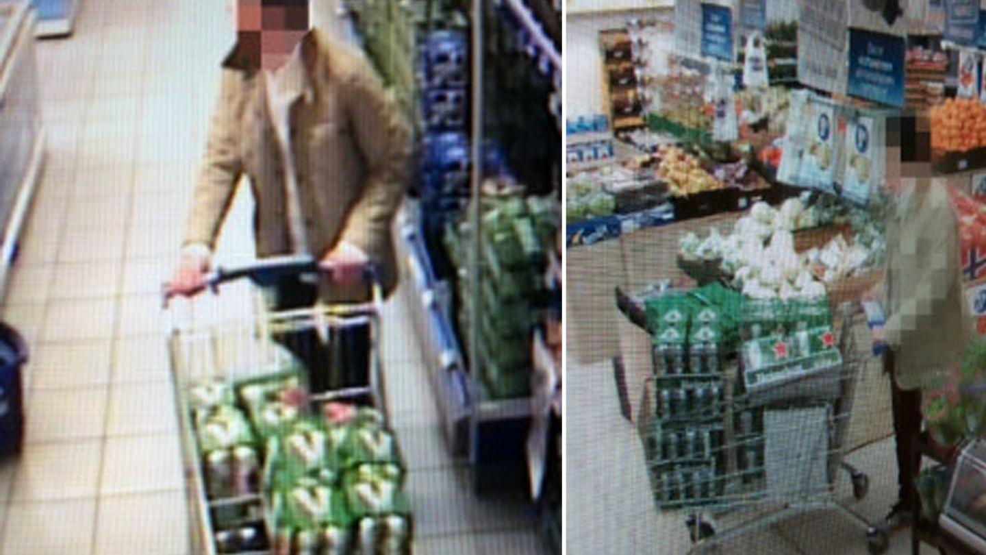 35-åringen har blitt stanset flere ganger for stjeling i dagligvarebutikker i Bergen og omegn. På bildet til høyre ble han stanset med Heineken-øl og biff på Rema 1000 på Fjøsanger 10. april i år. Det andre bildet viser mannen forlate en butikk med 240 ølbokser, uten å betale.