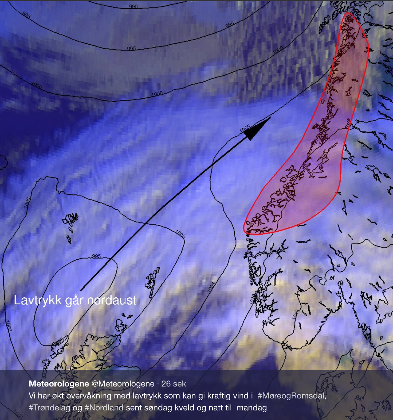 STORM: Et kraftig lavtrykk som kan bli et stormsenter er på vei mot Norge.
