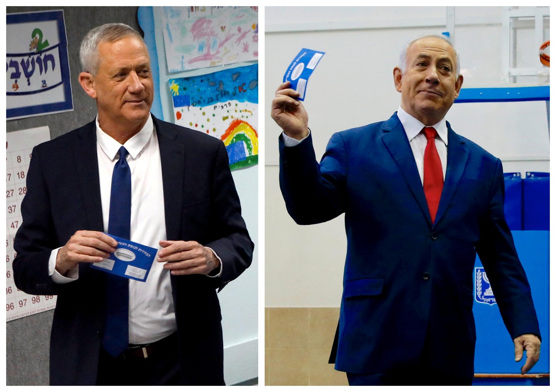 Benny Gantz (t.v.) leder partiet Blå og Hvitt og er utfordreren til statsminister Benjamin Netanyahu i tirsdagens valg i Israel. 