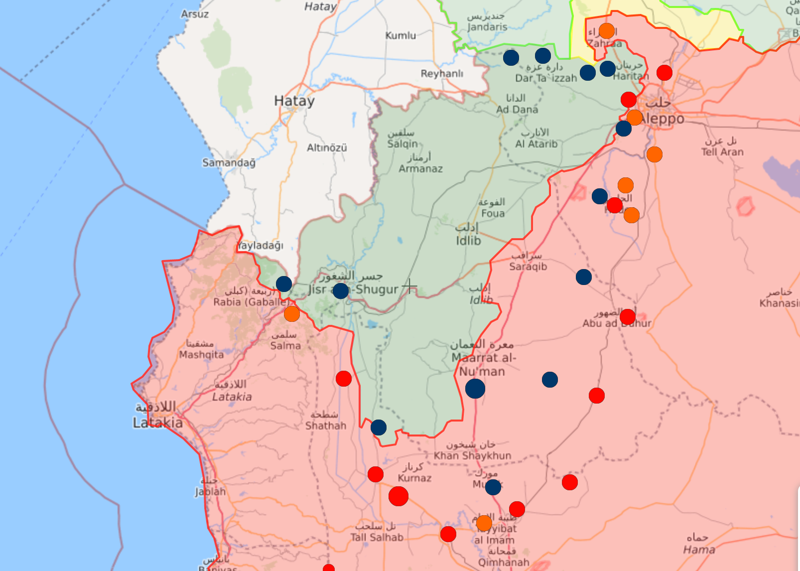 Tyrkia og Russland har flere observasjonsposter i Syria. Flere av Tyrkias observasjonsposter (de blå prikkene) er blitt omringet av den syriske hæren (markert med rosa farge). De røde prikkene er de russiske observasjonspostene.