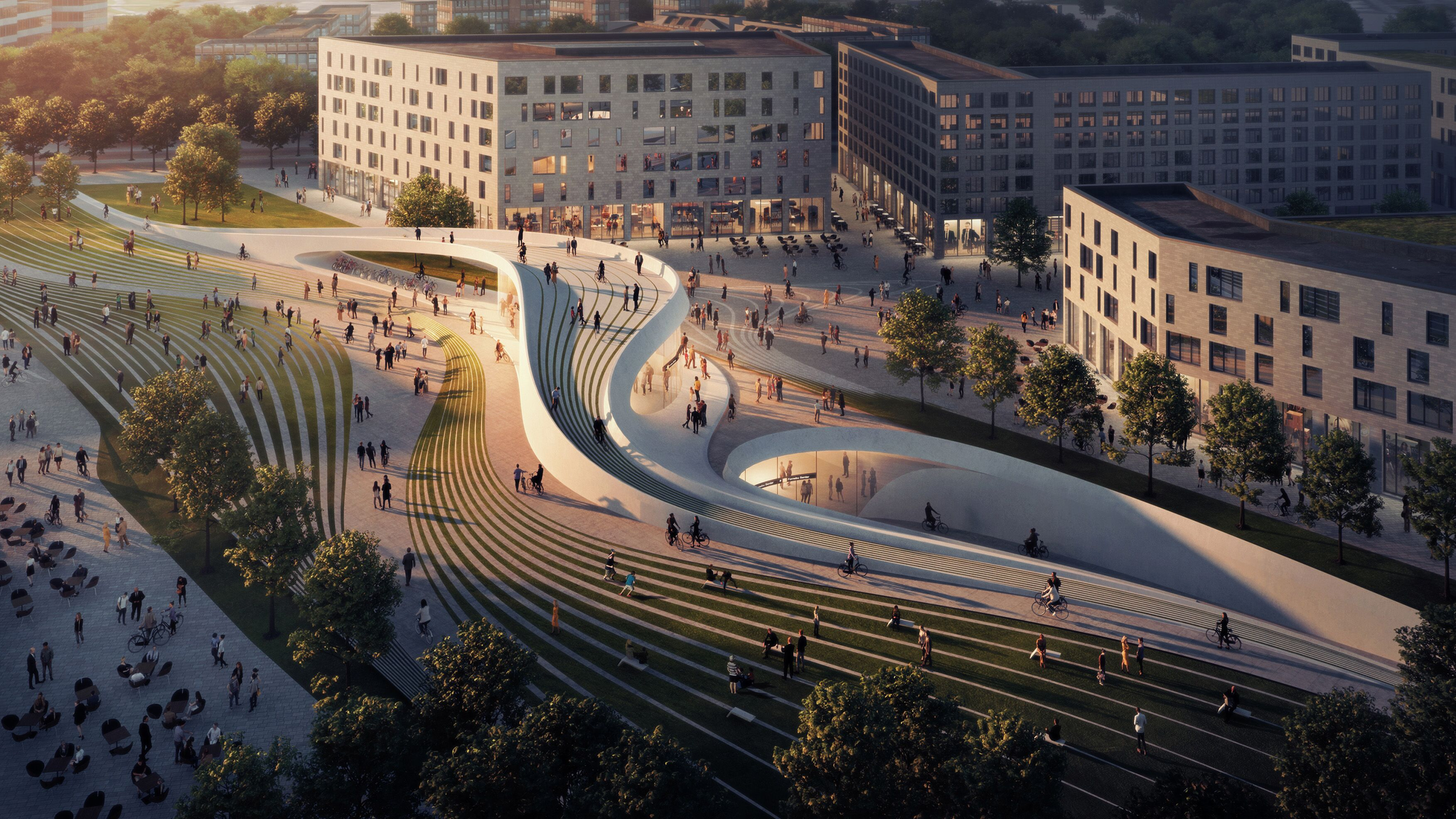 Slik kan et av stasjonsområdene på Fornebu bli i fremtiden. Illustrasjonen er et av forslagene i en pågående arkitektkonkurranse.