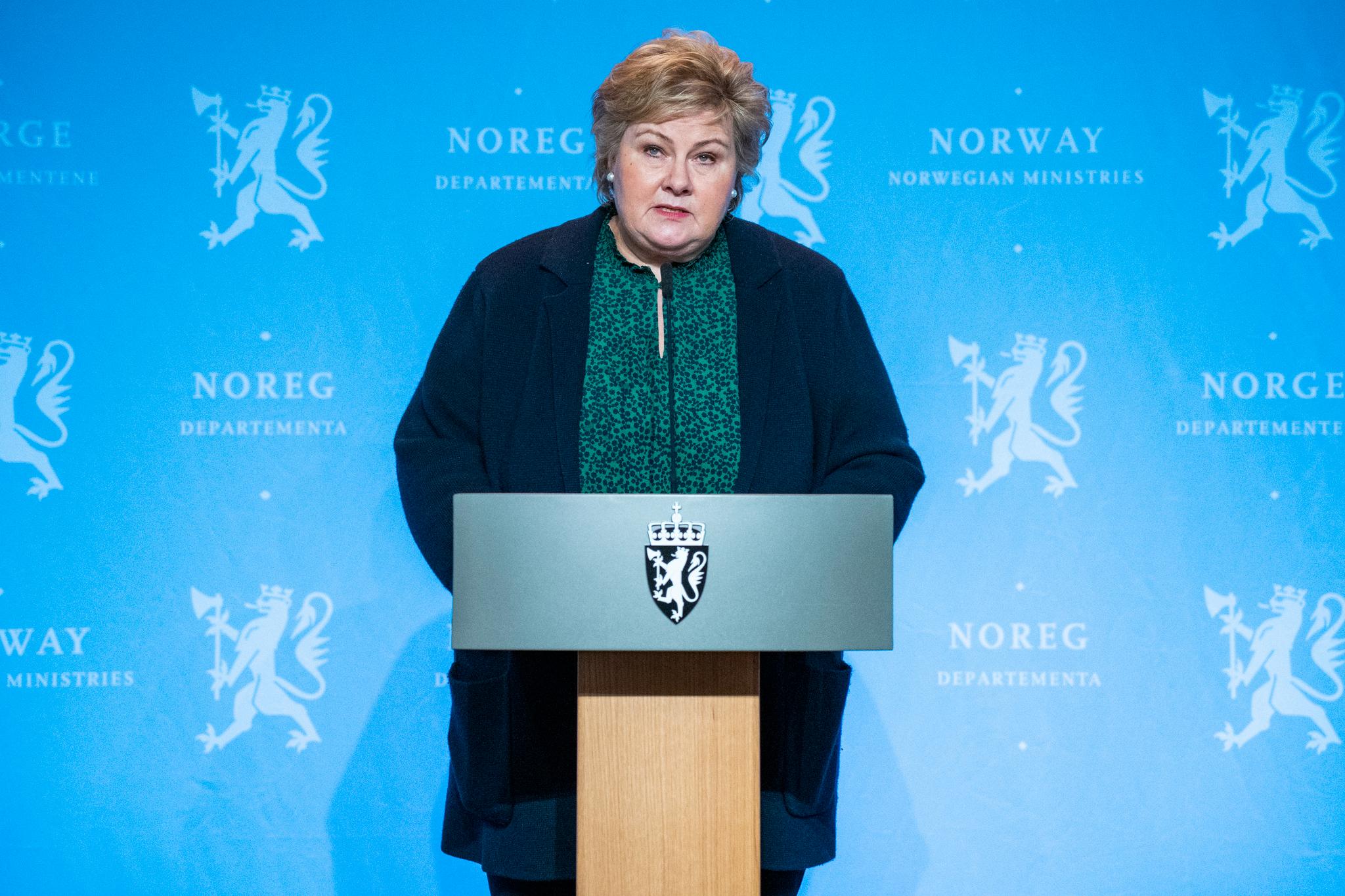 Statsminister Erna Solberg på onsdagens pressekonferanse. 