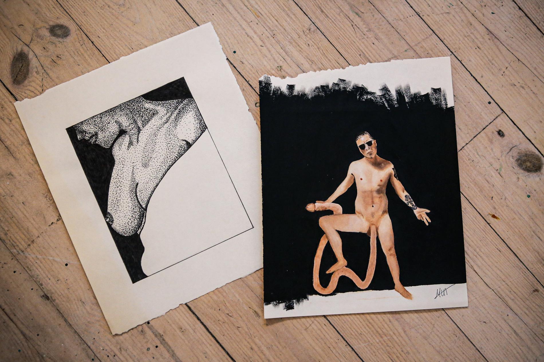 Kropp og seksualitet er en rød tråd hos den unge kunstneren: Maleriet til høyre er en av de sjeldne forespørslene Marte får, som å male en kunde med overdrevent kjønnsorgan. Bildet til venstre er en del av prosjektet og er sendt inn anonymt fra en Instagram-bruker.