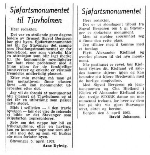 HVOR: Ett av de største spørsmålene var hvor monumentet skulle plasseres. To forslag her fra Aftenblad-lesere: Tjuvholmen - og flytt Kielland!
