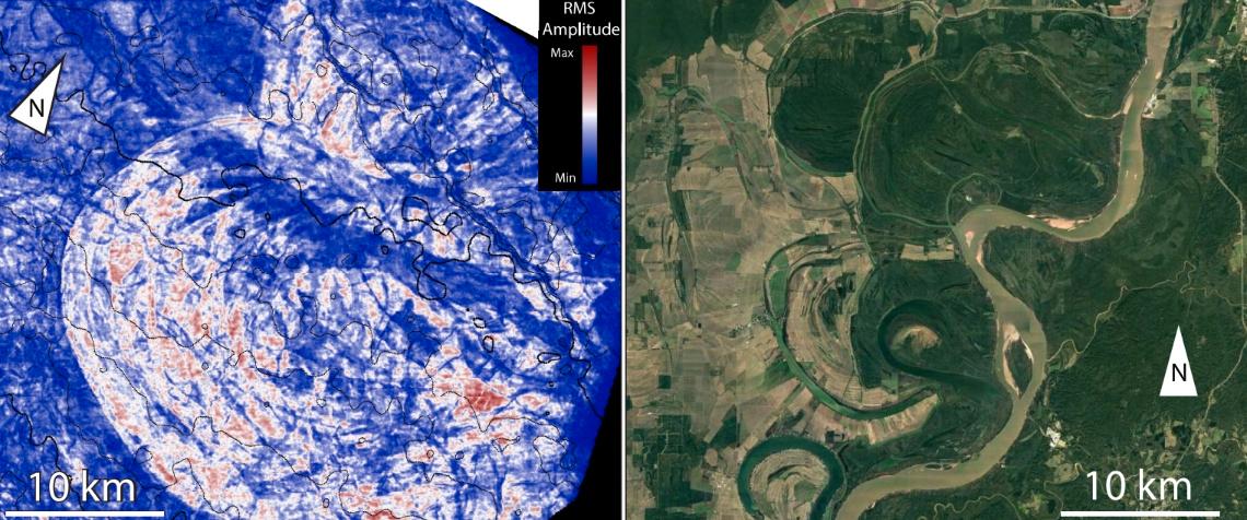 Seismiske bilder av rester av en elv som eksisterte i Barentshavet, sammenlignet med satellittbilde av del av en elv i Mississippi.