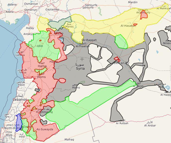 Kartet viser Syria med områder kontrollert av myndighetene (rødt), opprørerne (grønt), kurderne (gult), IS (svart) og tyrkiskstøttede opprørere like nord for Aleppo (mørkegrønt).