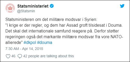 Twitter-meldingen fra Danmarks statsminister Lars Løkke Rasmussen.