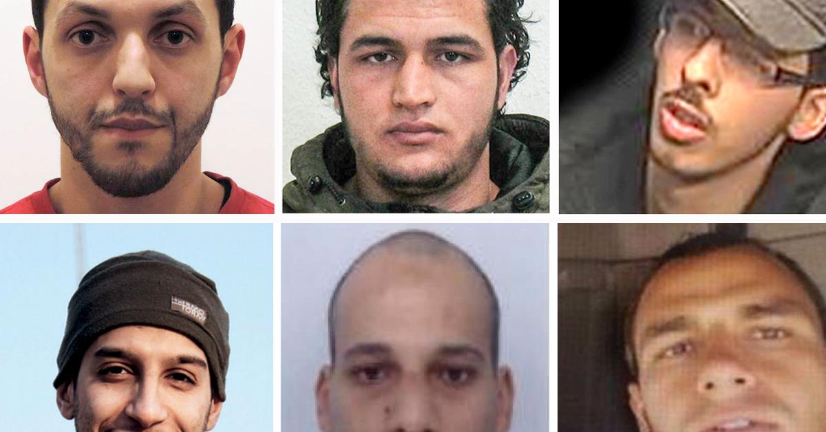 Terrorister med røtter i Nord-Afrika har stått bak de største terrorangrepene i Europa. Øverst fra venstre, med klokken (familiebakgrunn i parentes): Mohamed Abrini fra terrorangrepet i Brussel (Marokko), Anis Amri fra terrorangrepet i Berlin (Tunisia), Salman Abedi fra angrepet i Manchester (Libya), Mohamed Lahouaiej-Bouhlel fra terrorangrepet i Nice (Tunisia), Chérif Kouachi fra angrepet på Charlie Hebdo (Algerie), Abdelhamid Abaaoud fra terrorangrepet i Paris (Marokko).