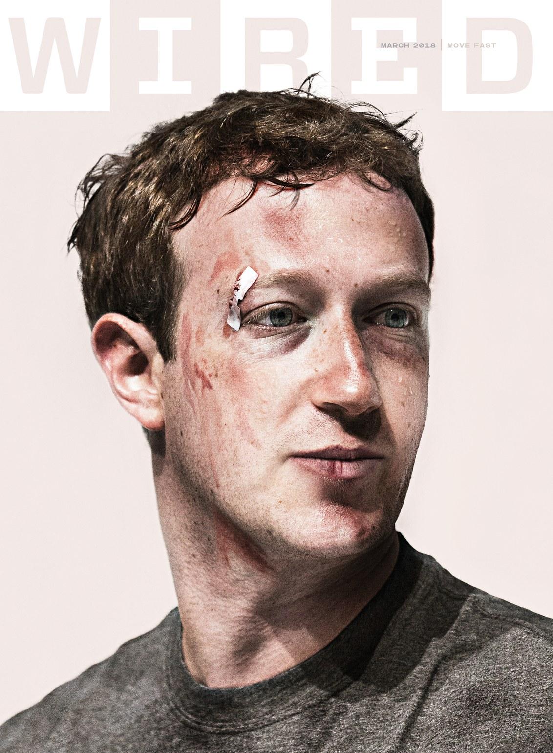 Teknologimagasinet Wireds marsnummer er prydet av et manipulert bilde som viser en mørbanket Mark Zuckerberg. 