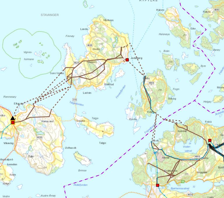 Planane for nye kraftlinje mellom Strand, Fogn, Finnøy og Rennesøy.||Planae for den nye kraftlinja frå Randaberg til Rennesøy.
