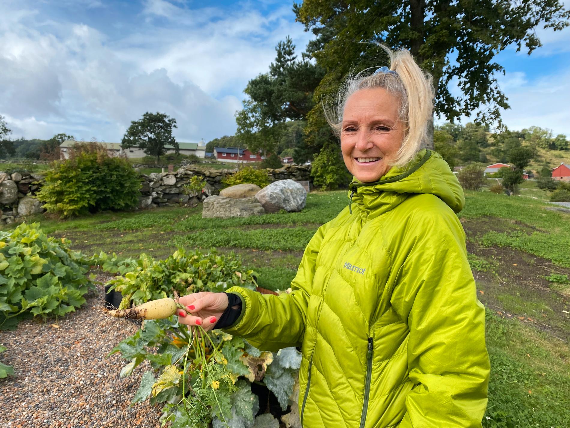 -Grønsaksavlinga blei ganske bra i år, seier Merete Oftedahl Cox, som prøver seg fleire slag grønnskar og urter i kjøkkenhagen, mellom  anna gulrot. 
