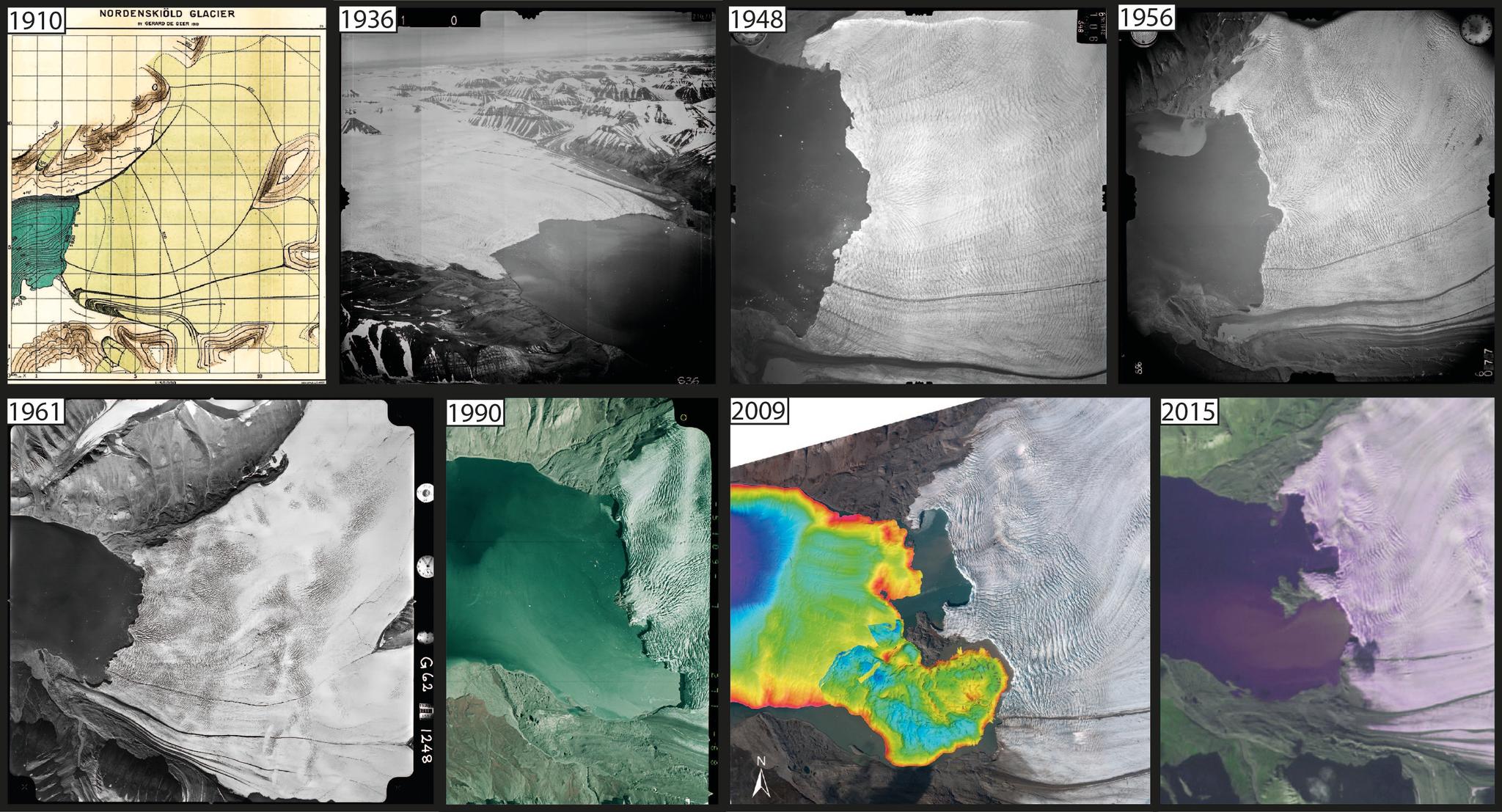Historisk og nyere materiale dokumenterer isbreens tilbaketrekning. Fra 1896 til 2015 har Nordenskiöldbreen trukket seg 2,3 – 3,5 kilometer tilbake.