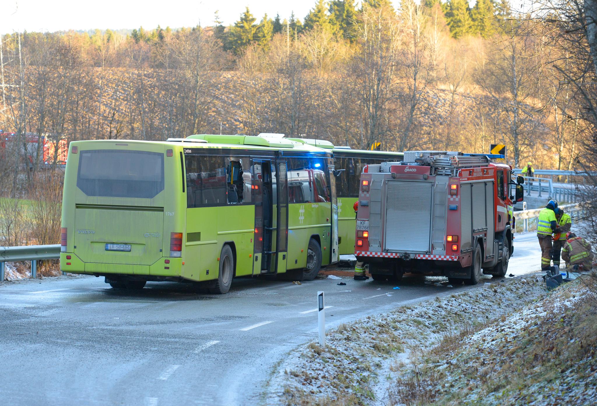 En bussjåfør døde da to busser frontkolliderte på fylkesvei 450 i Ullensaker i Akershus fredag. Den andre sjåføren er alvorlig skadd etter ulykken. 