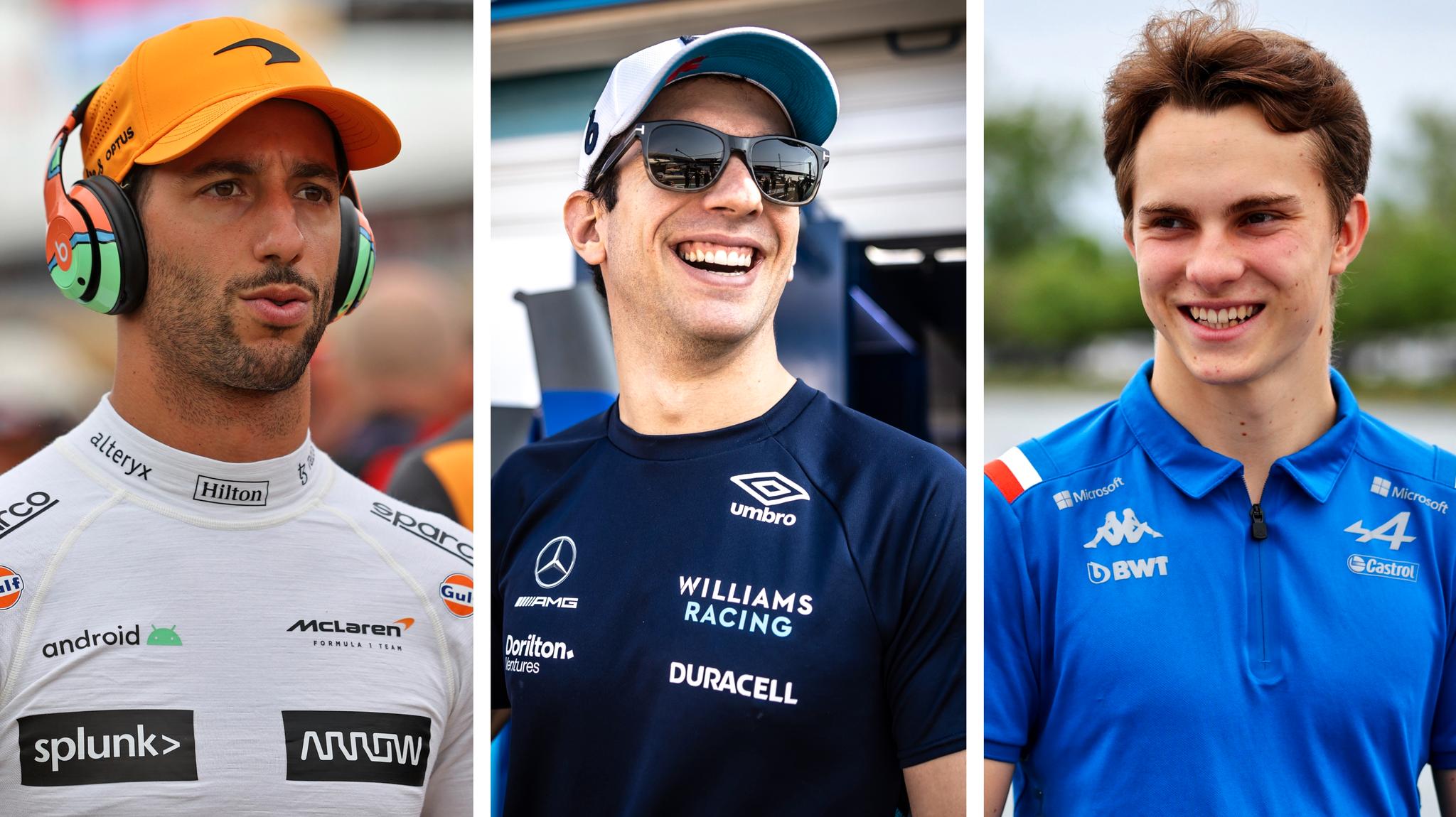 I TYNN TRÅD: Fra v.: Daniel Ricciardo, Nicholas Latifi og Oscar Piastri.