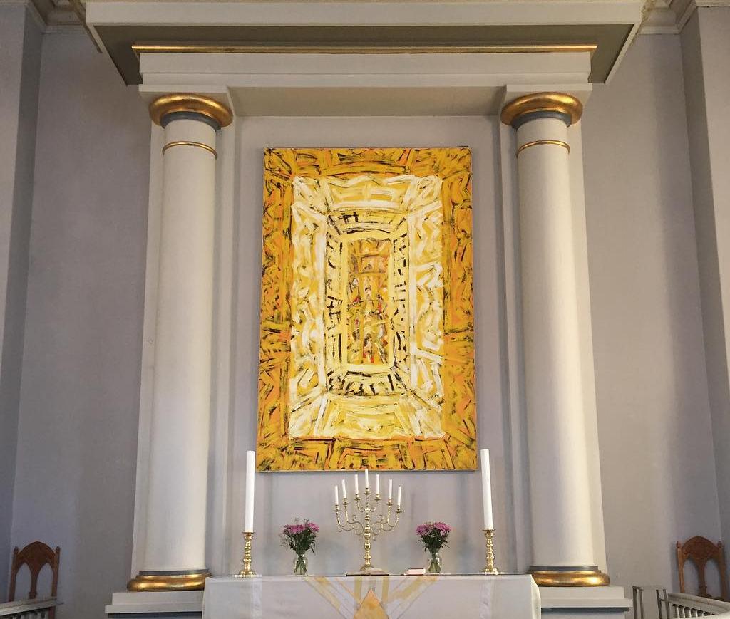 Altertavlen i Vanse kirke i Farsund, der Ikon-maleriet benyttes i perioder (i stedet for et eldre maleri av Jesu død på korset med teksten «Alt er Fuldbragt»).
