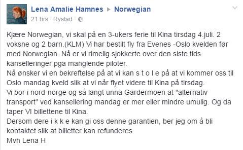 SKREV INNLEGG: Lena Amalie Hamnes skrev et innlegg på Norwegians Facebook-side der hun spør om det mange nå lurer på: Kommer sommerens reise til å gå som planlagt? 