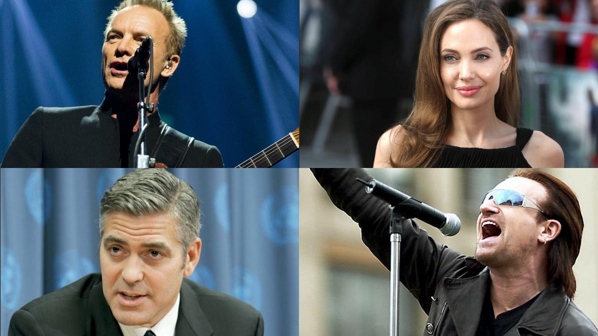 Øverst fra venstre: Sting, Angelina Jolie, George Clooney og Bono