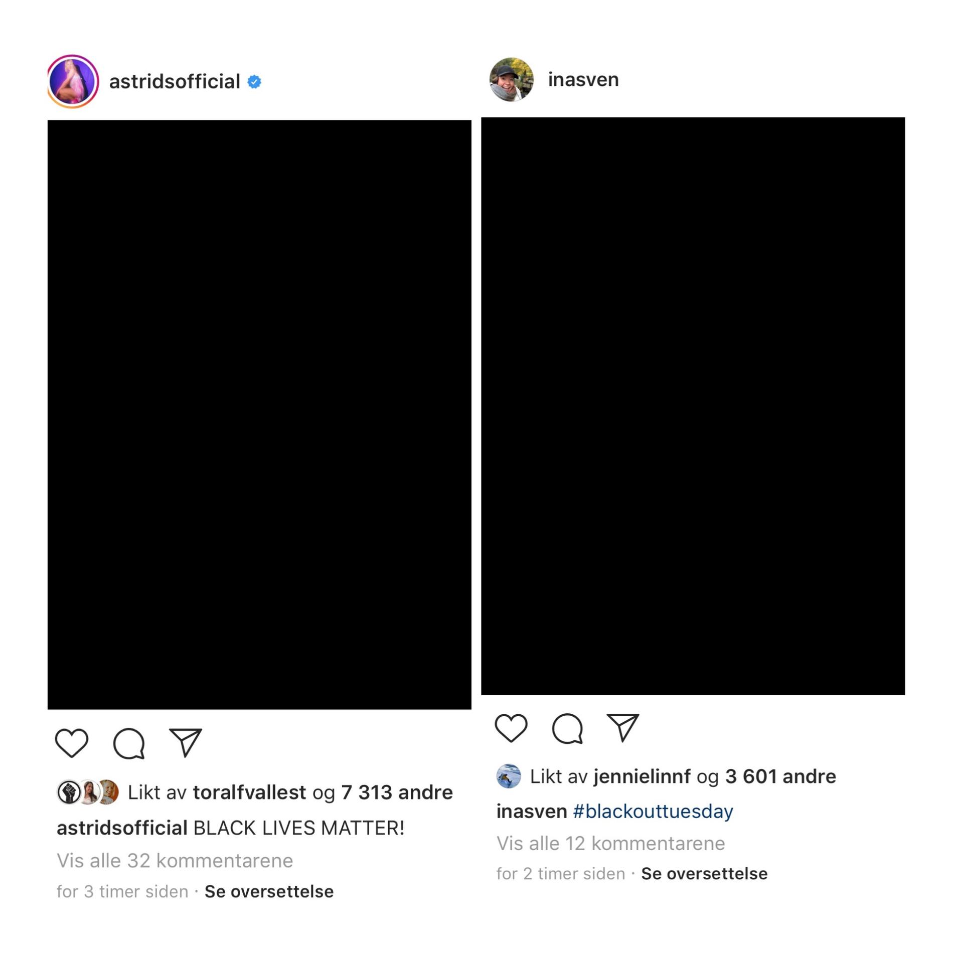Kjente norske fjes som Astrid S, og Ina Sven delte et svart bilde på Instagram for å vise sin støtte. 