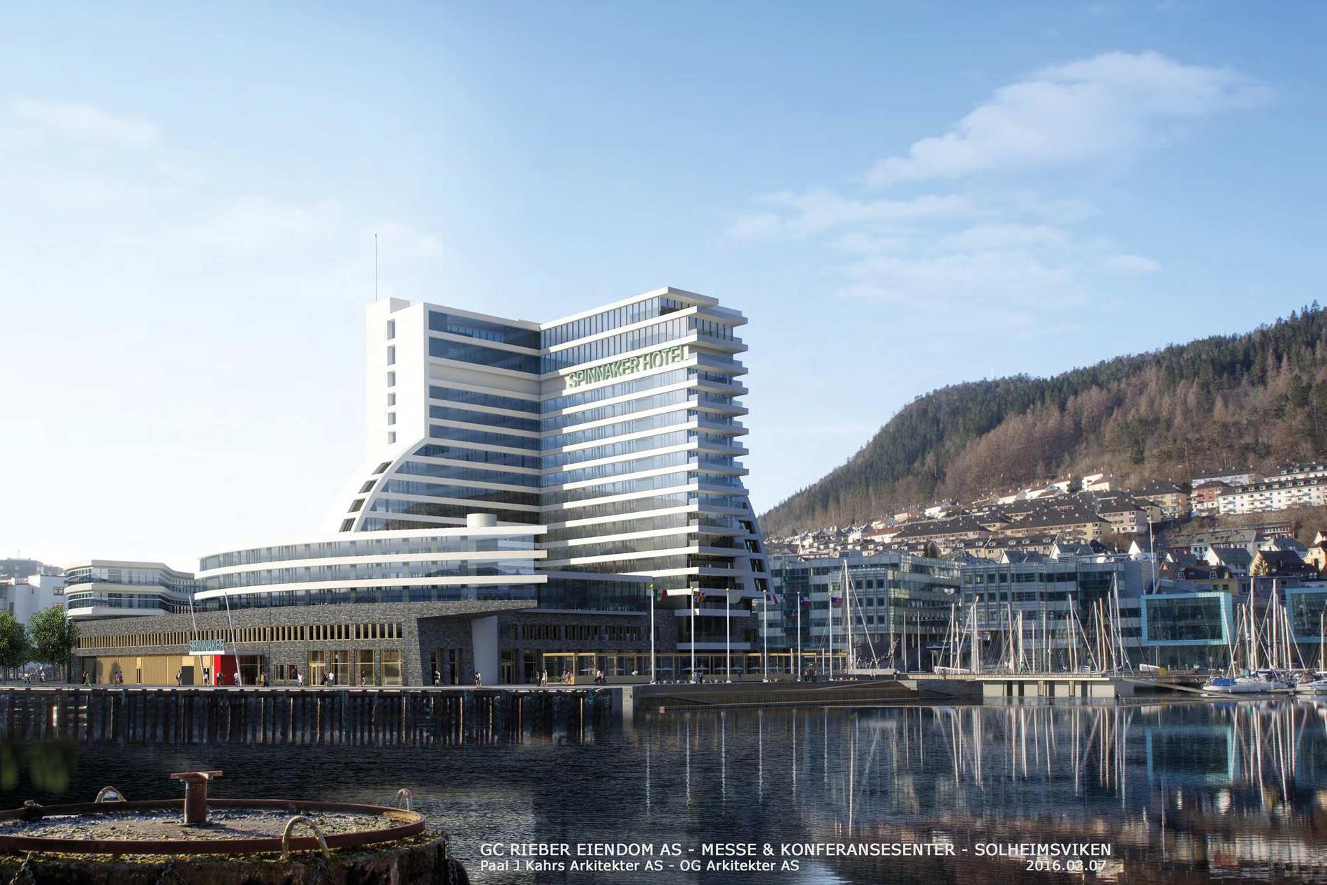 SPINNAKER HOTEL: Dette er konferansesenteret og -hotellet GC Rieber Eiendom ønsker å bygge innerst i Solheimsviken. ILLUSTRASJON: Paal J Kahrs Arkitekter og OG Arkitekter