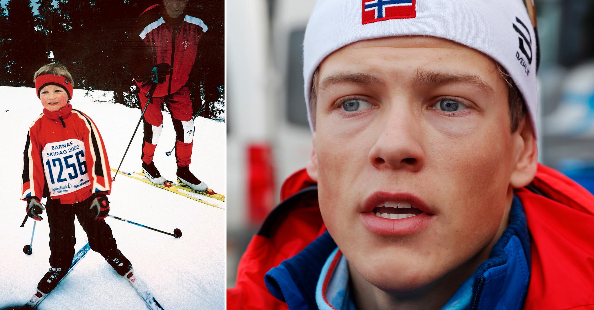 Det første skirennet: Johannes Høsflot Klæbo og morfar Kåre Høsflot under Barnas Skidag i 2002. Nå er Klæbo tilbake i VM-anlegget.