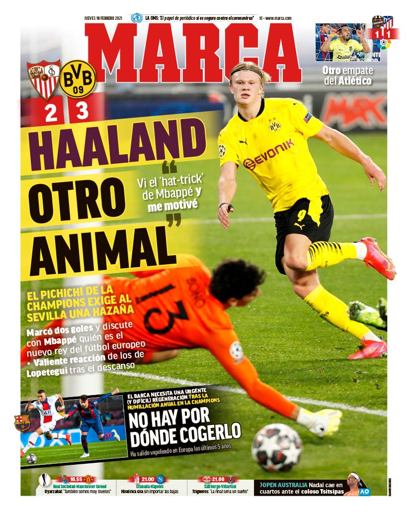 PÅ FORSIDEN: Erling Braut Haaland havnet på forsiden av Marca etter to mål mot Sevilla. 