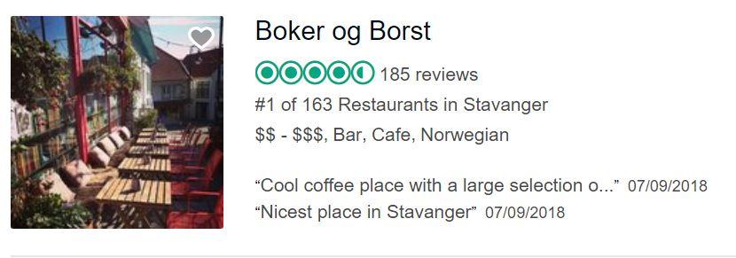 Her har du det, svart på hvitt. «Boker og Borst, #1 of 163 Restaurants in Stavanger». 