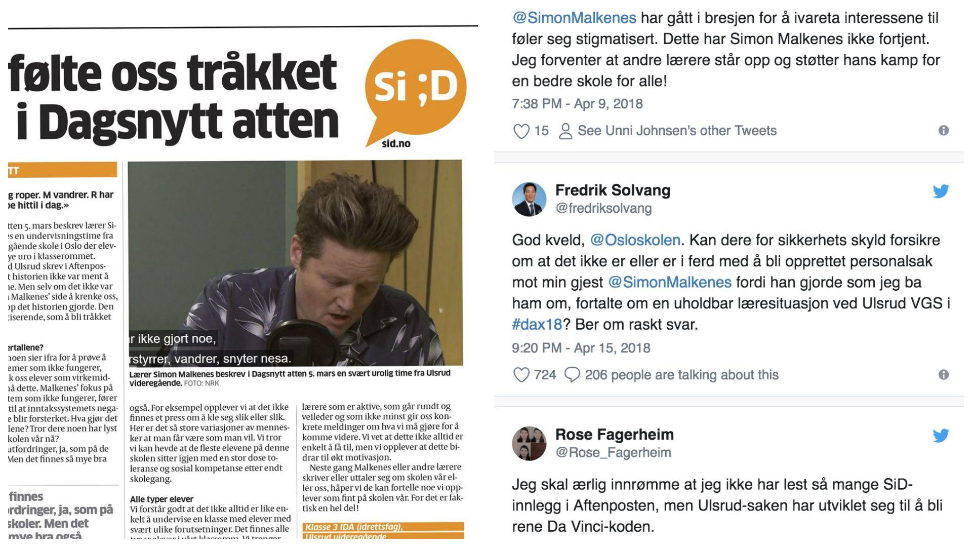 Venstre: Faksimile av debattinnlegg 9. april. Høyre:  Noen få av mange tweets i den løpende debatten. 