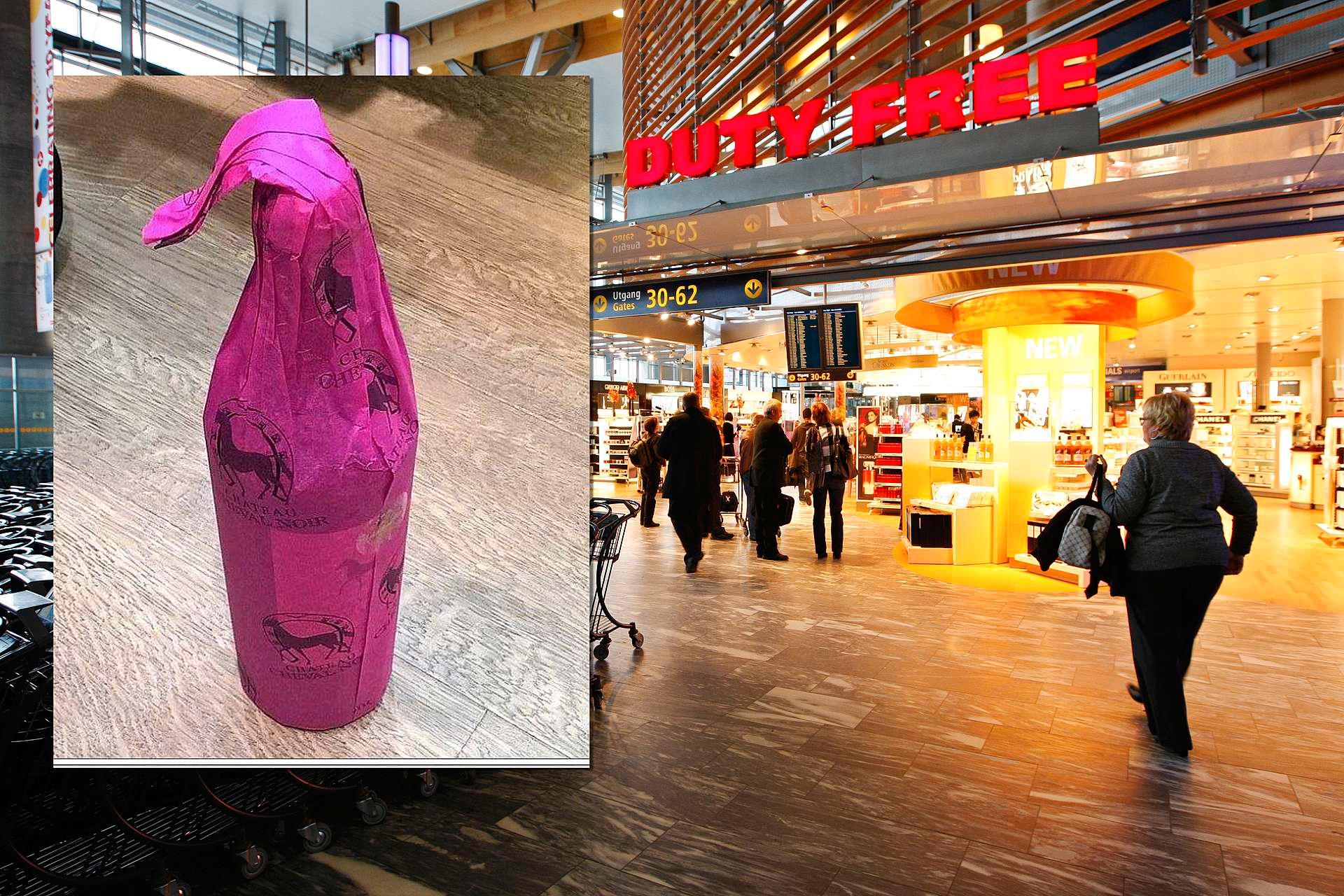 Nå fjerner taxfree-selskapet Travel Retail Norway det rosa beskyttelsespapiret fra vinflaskene, etter krav fra Helsedirektoratet.