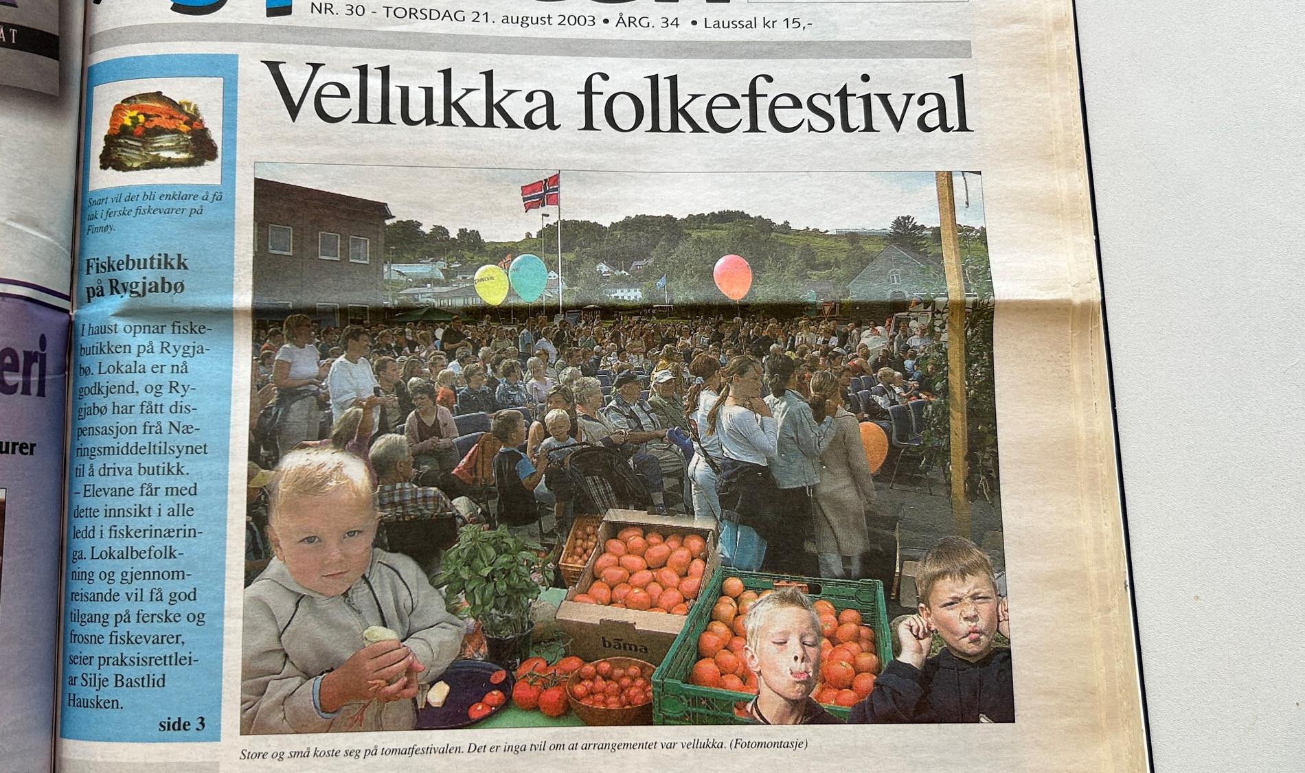 Framsida av Øyposten torsdag 21. august 2003 som slår fast at den første Tomatfestivalen blei ein vellukka folkefestival.