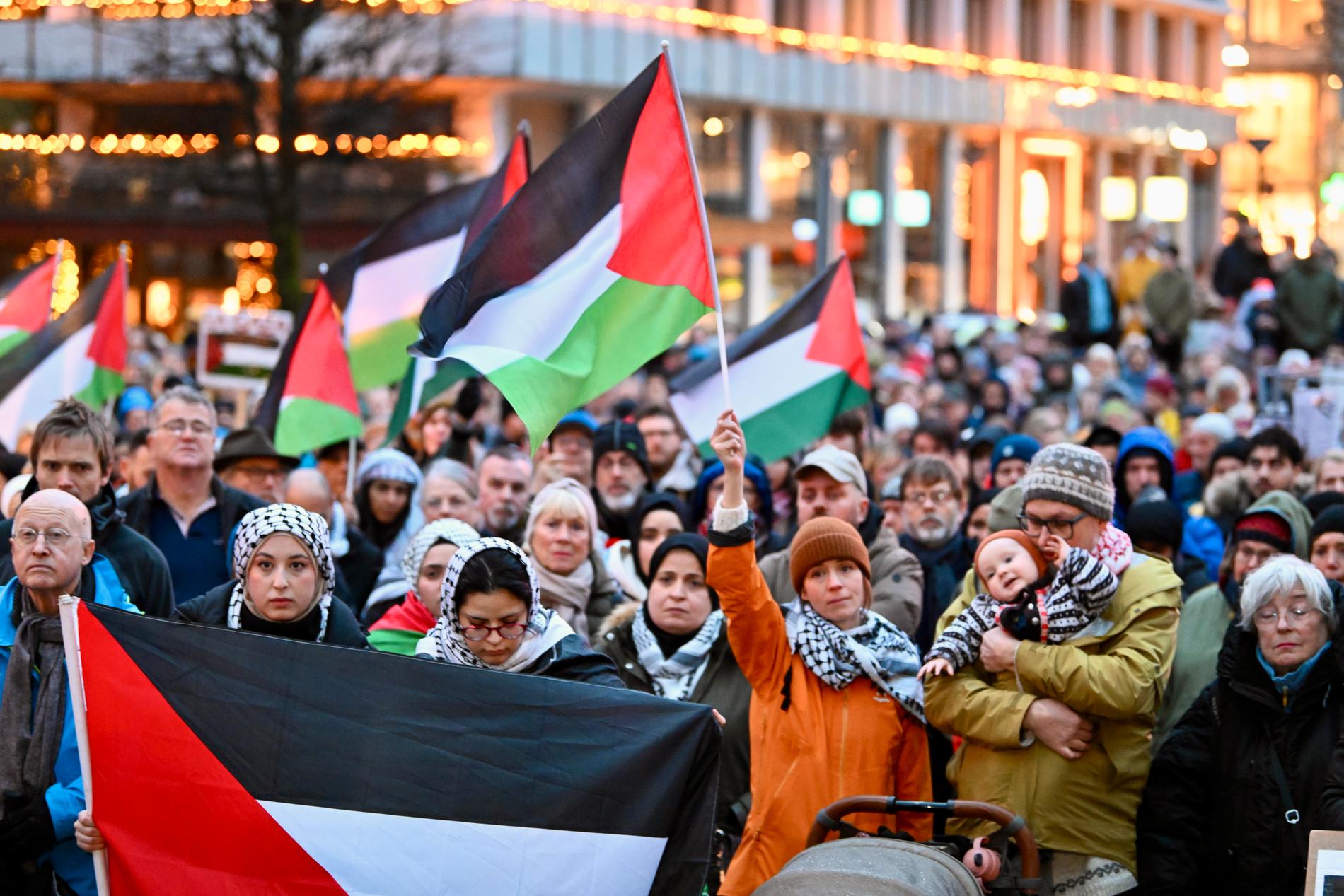 Demonstrantene i Bergen sentrum ønsker seg en fredelig løsning for Palestina, ifølge innsenderen.