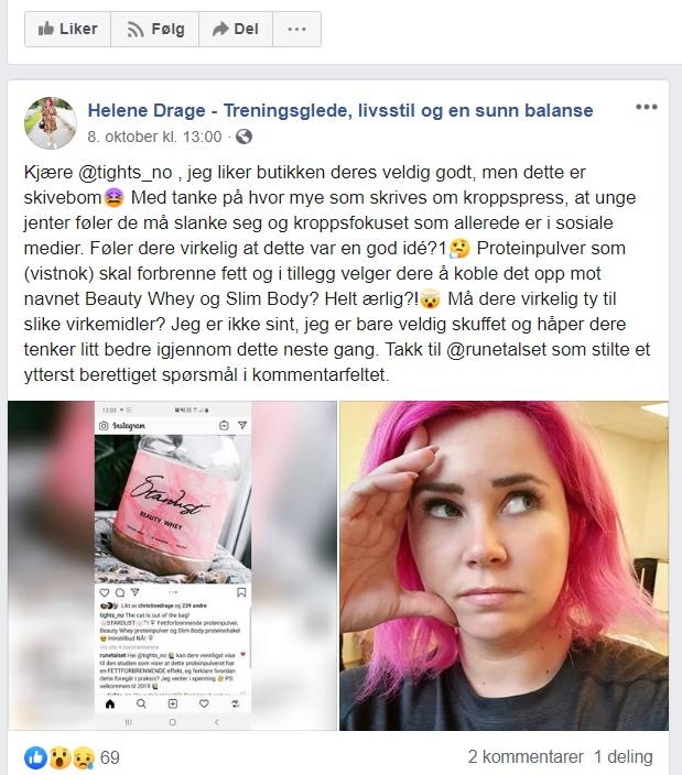Helene Drage kritiserer nettbutikken Tights.no i et innlegg på sin Facebook-side. 