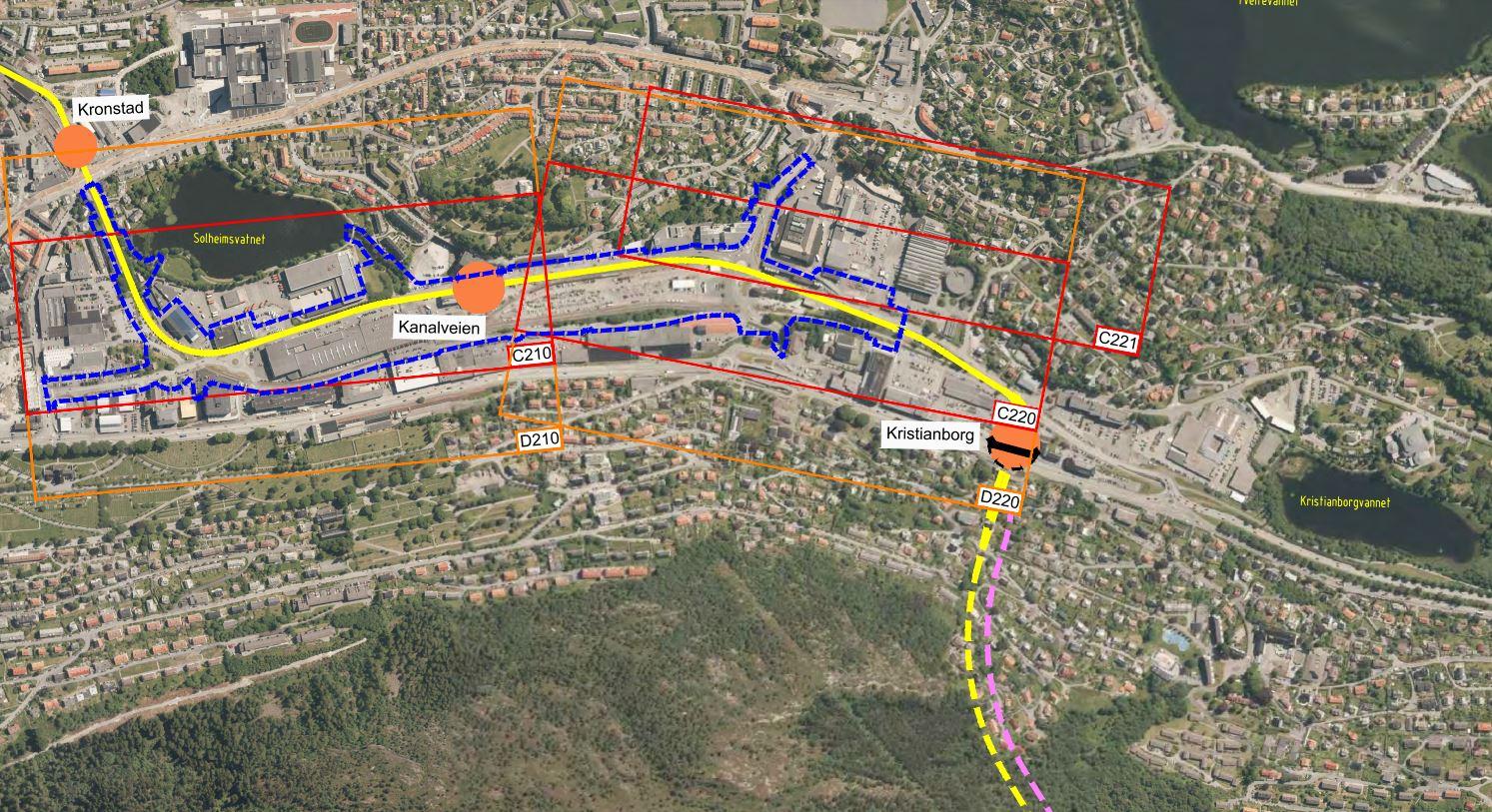 TUNNEL: Slik er sykkeltunnelen planlagt parallelt med den nye bybanetunnelen under Løvstakken (rosa stiplet linje). 