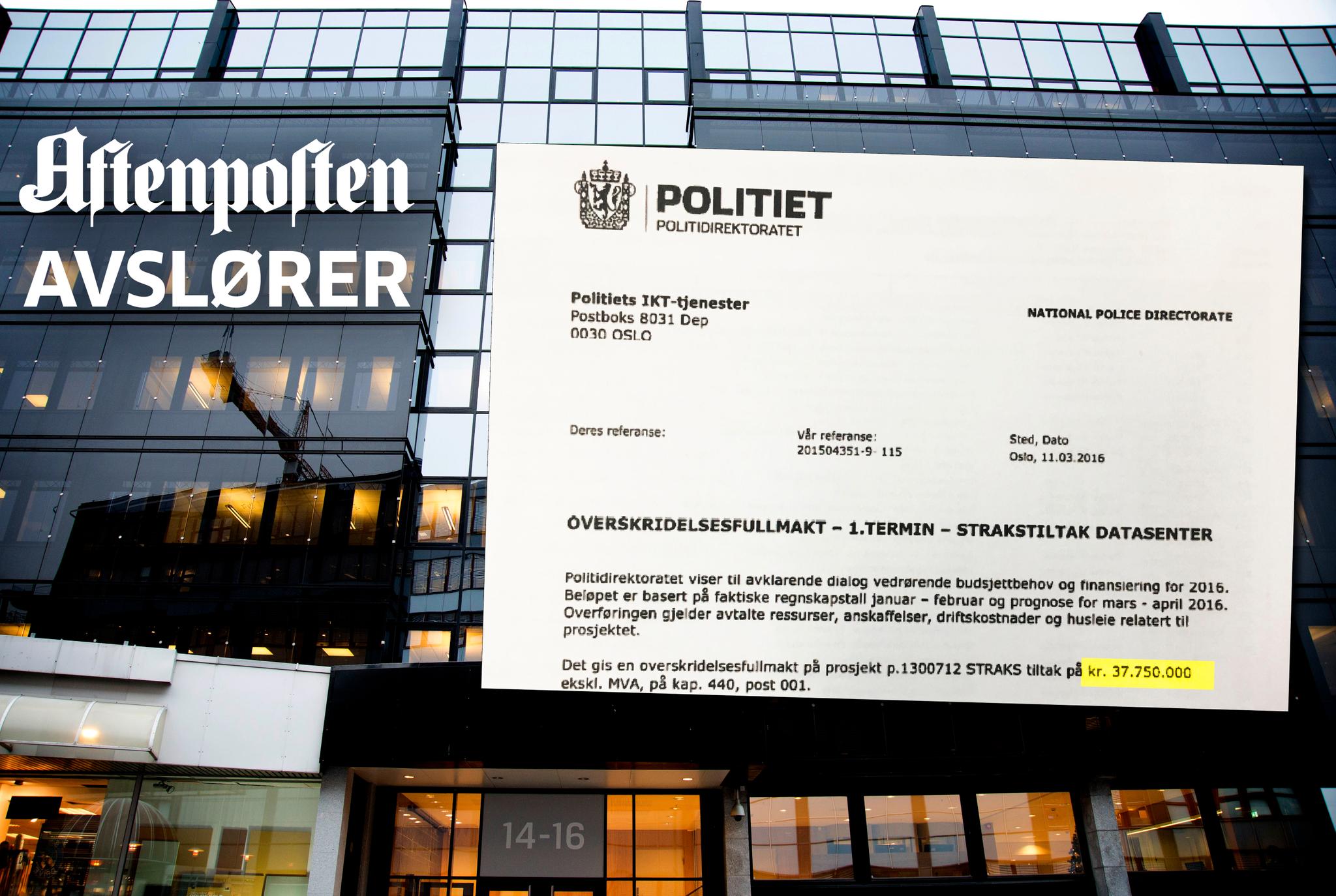 Politidirektoratet holder til i denne bygningen på Majorstuen i Oslo. Aftenposten kan nå avdekke hvordan ekstraordinær pengebruk (dokumentet på bildet) og prosjektproblemer har vært skjult for offentlighetens søkelys.