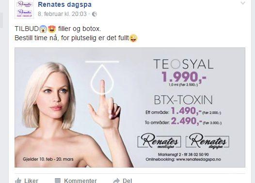 Renates dagspa reklamerer for rimeligere botox-behandlinger. Foto: Skjermdump