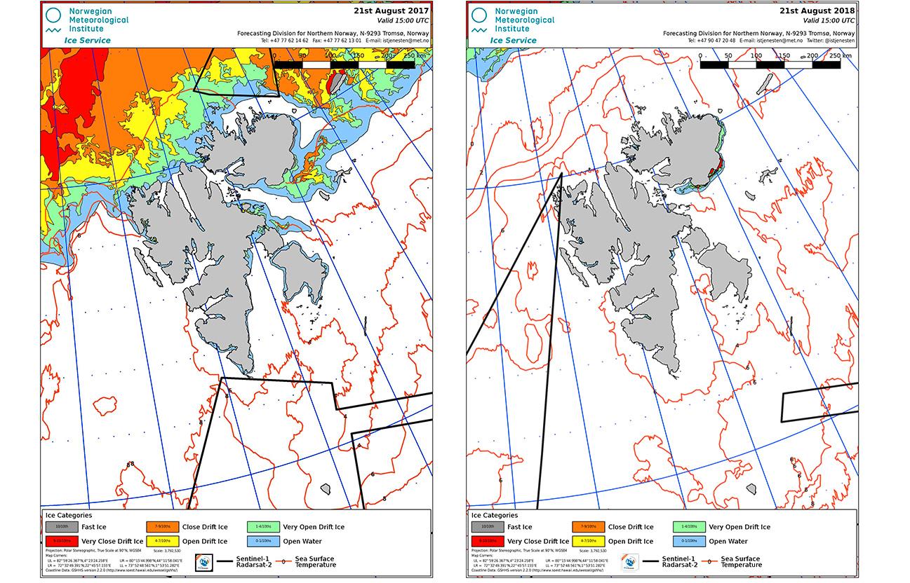 To Svalbard-kart: Til venstre sees isen 21. august i fjor som fargede felter. Til høyre sees samme kart for 21. august i år.
