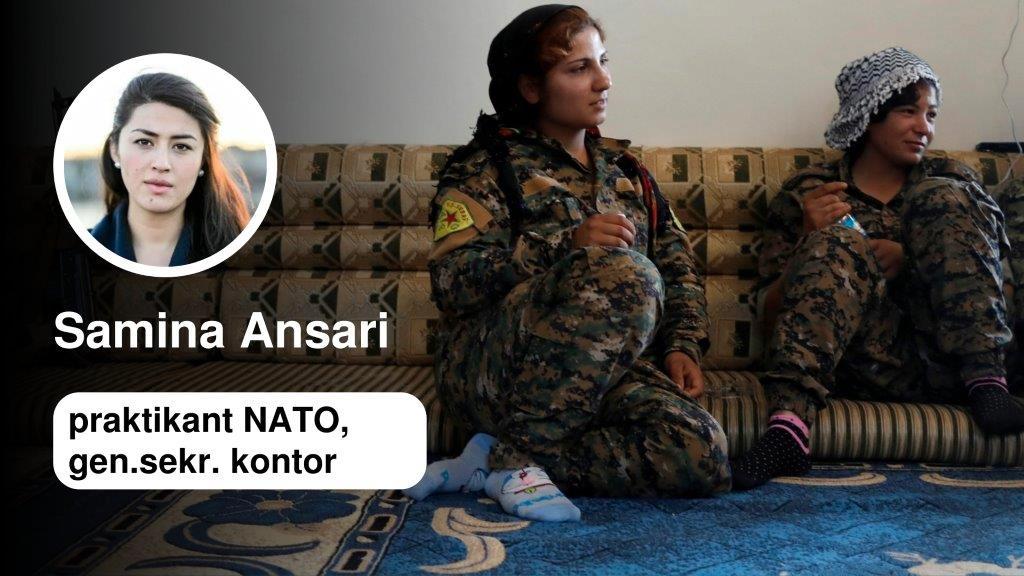  De kurdiske styrkene som People's Protection Units (YPG) teller mange kvinner blant sine krigere i kampene mot IS i Syria. Bildet viser kvinnelige, kurdiske soldater i Raqqa. USA-støttede opprørere har nå tatt oppstilling ved en gammel moské i sentrum av Raqqa og det varsles harde kamper mot IS i sentrum av byen innen kort tid.  