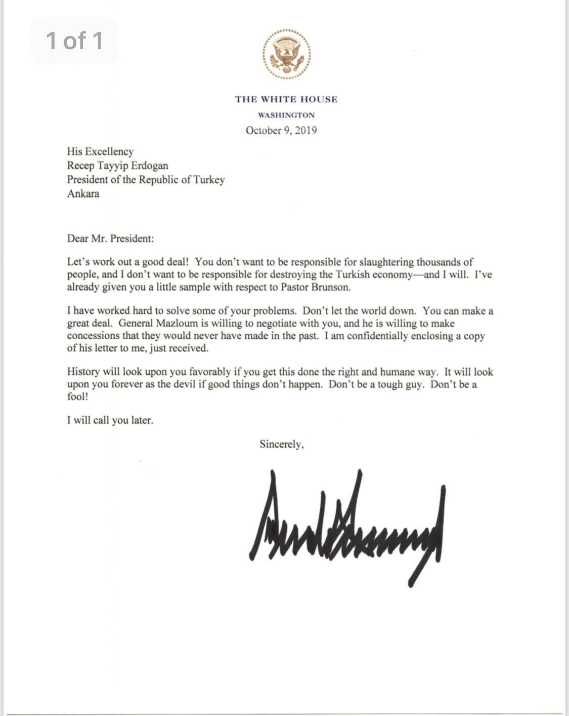 Dette er brevet som presidet Trump sendte til president Erdogan. 