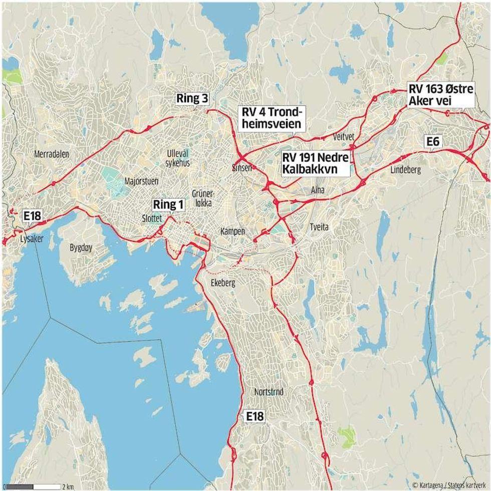 Dette kartet viser statlige veier i Oslo.