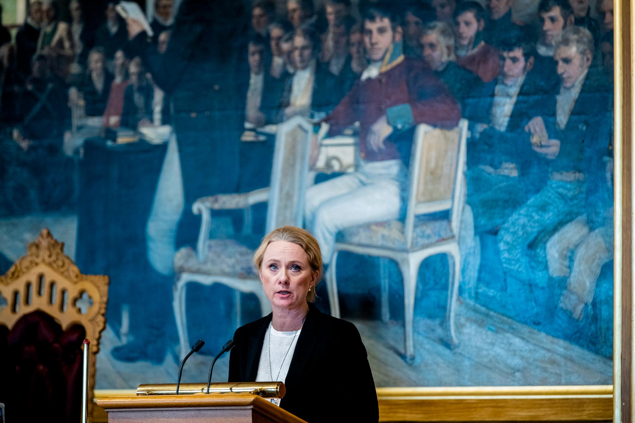 Statsråd Anniken Hauglie under sin redegjørelse for trygdeskandalen i Stortinget 5. november 2019. 