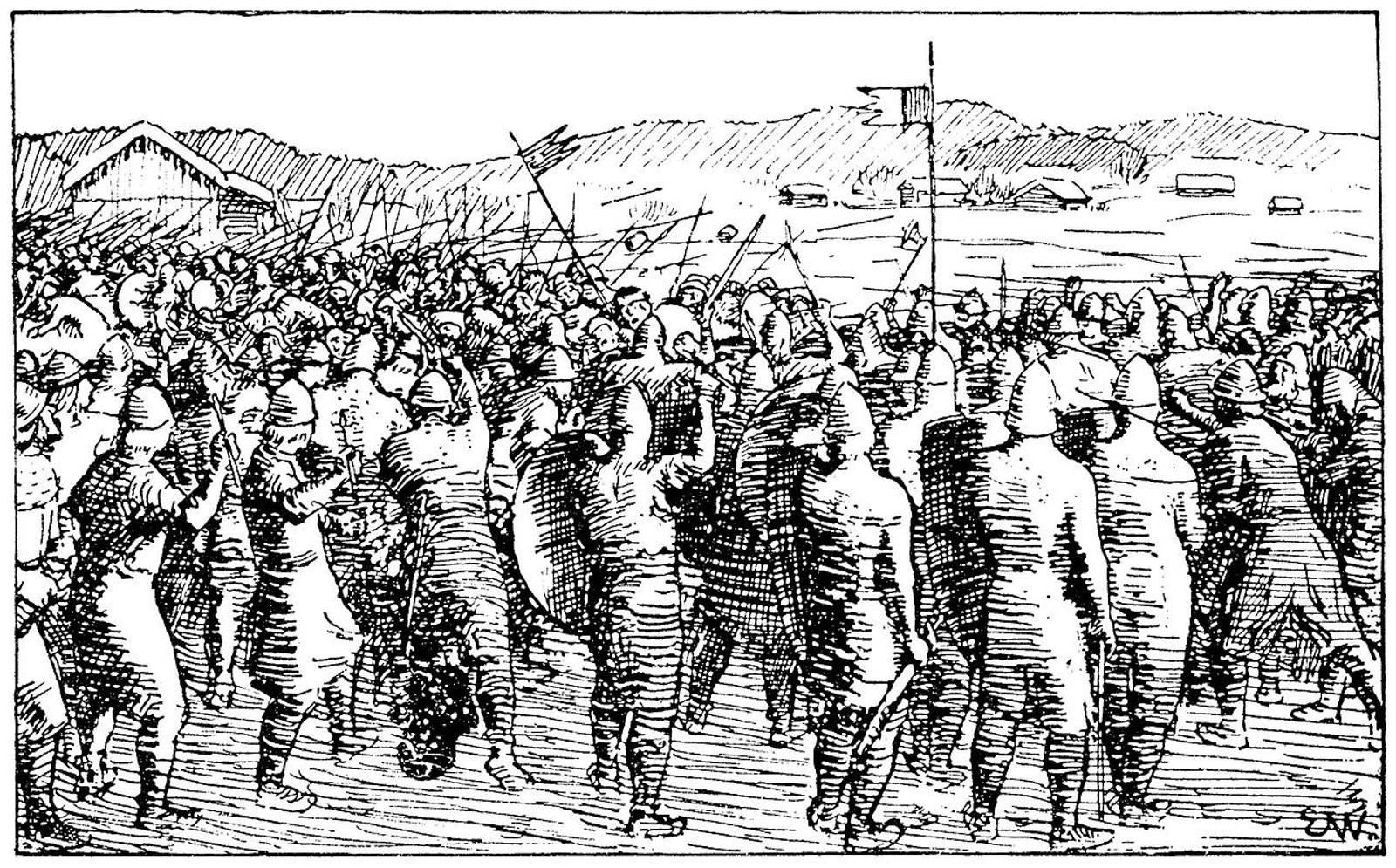 Birkebeinerne i slaget på Re i 1177. Her led de blodig nederlag for Magnus Erlingssons styrker. De overlevende flyktet til Värmland. Illustrasjon: Eirik Werenskiold.