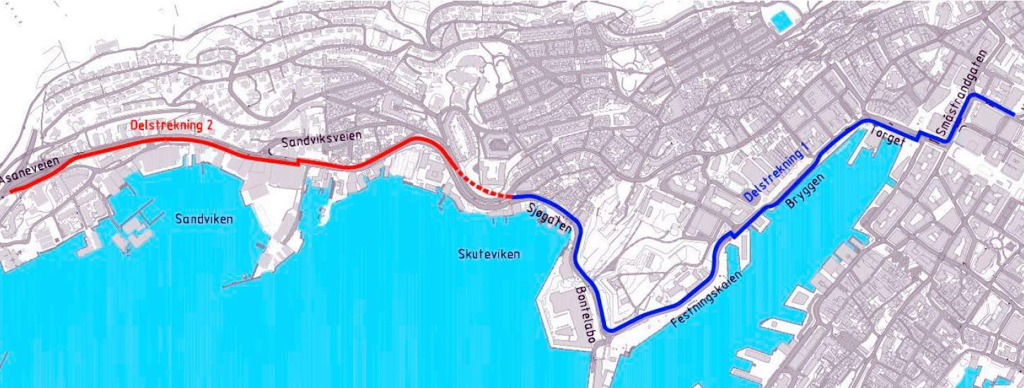 TRASEEN: Slik vil sykkelveien gå gjennom sentrum og Sandviken. Blå strek viser første byggetrinn.