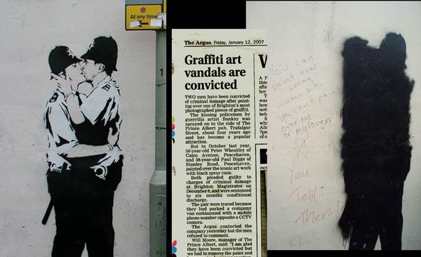 FØR OG ETTER: To menn ble dømt for skadeverk etter å ha malt over dette kjente verket i Brighton.