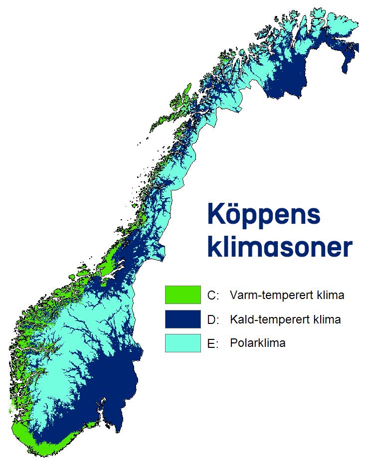 Dette er de gamle klimasonene i Norge. Det meste av landet lå under sone D. Store deler av kysten var under C. Deler av Øst-Finnmark, samt en del fjellområder, falt under E.